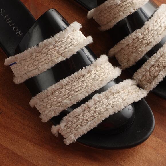 Rothy's Sandals Womens SZ 8.5 BLK White Sea Shell Fringe Slip On Slide Flat Shoe - Picture 4 of 10